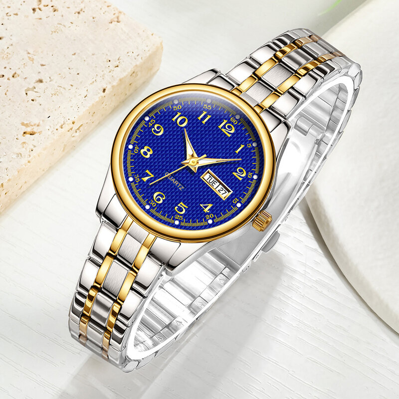 Reloj de pulsera redondo de lujo para mujer, reloj de pulsera de cuarzo analógico con pantalla para el día de la semana para reunión de negocios de oficina exterior
