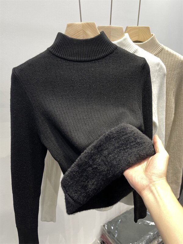Winter Warm Sweater Pullover Women Slim Thicken Plush Velvet Lined Knitwear Jumper Korean Half Turtleneck Poleras Soft Knit Tops