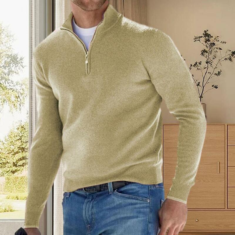 Suéter de manga longa slim fit masculino, gola alta, gola V, monocromático, elástico, zíper macio, outono, inverno