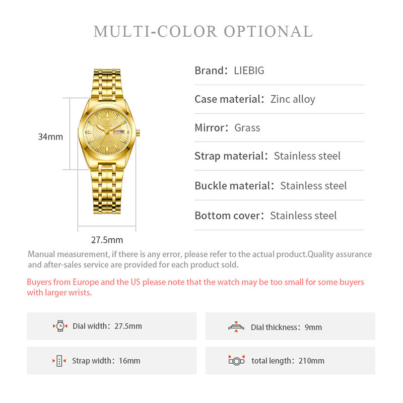 Relógio Quartz de Luxo Masculino, Aço Inoxidável, Ouro, Moda, Data, 3Bar, Impermeável, Relógio Feminino, L1020, 2023