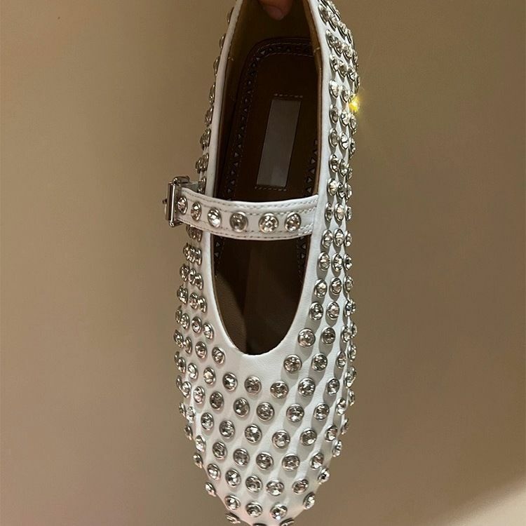 European and American Diamond Studded Mesh Hollow Outs Mary Jane Rivet Buckle Strap Round Head Ballet Flat Women's Single Shoes