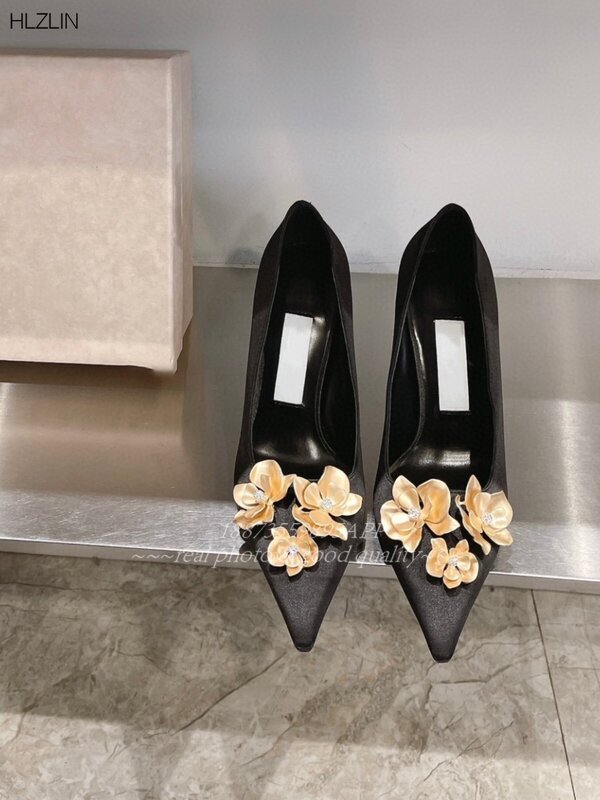 Zapatos de tacón superalto para mujer, calzado sexy con hermosas flores de seda, punta Baja, novedad de primavera 2024