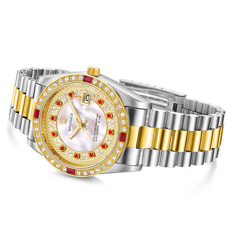 REGINALD zegarek mężczyźni luksusowe biznes zegarki na rękę pełna diament stal nierdzewna 316L Auto data zegarki kwarcowe mężczyźni Reloj Hombre