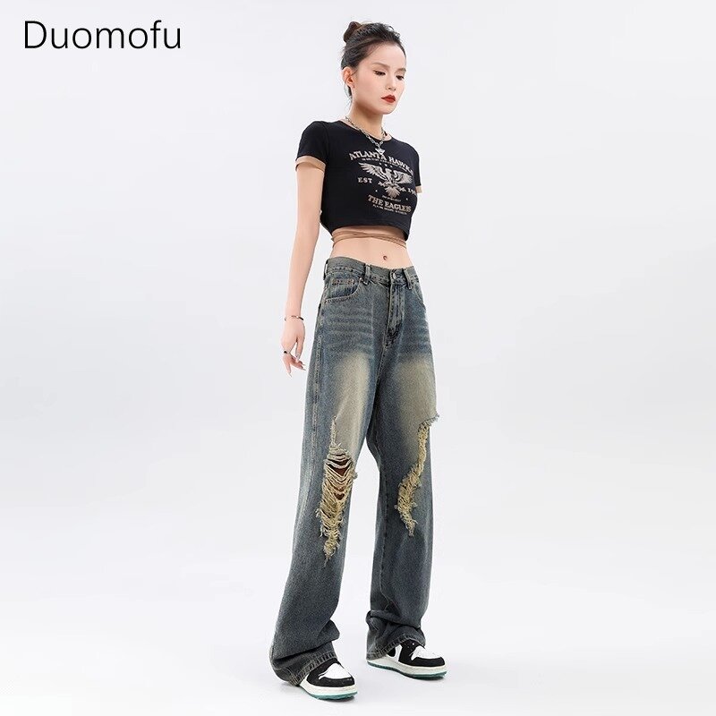 Duomofu-pantalones vaqueros de cintura alta para mujer, Vaqueros femeninos de estilo Vintage, holgados y sencillos, informales, a la moda, estilo americano