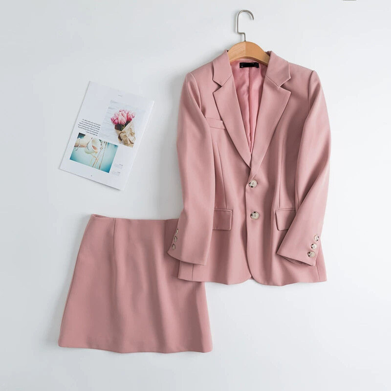 2024 Spring Autumn New Fashion Korea A-Line Skirt Suits Pink Chic Blazer Suits Women Solid Colors Single Breasted Office Blazers