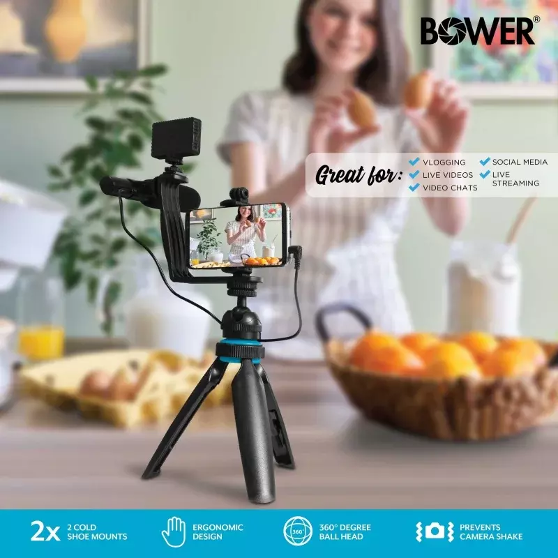 Bower Ultimate Vlogger Kit mit 50 LED-Licht, HD-Mikrofon, Halterung, Telefon-/Action-Kamera halterung, Verschluss und Stativ