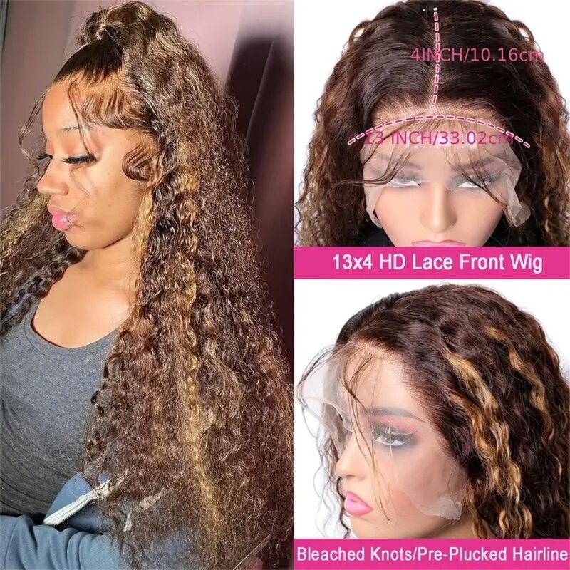Perruque Lace Wig Brésilienne Naturelle Bouclée, Cheveux Humains, 13x4 HD, Ombrée, à Reflets, pour Femme