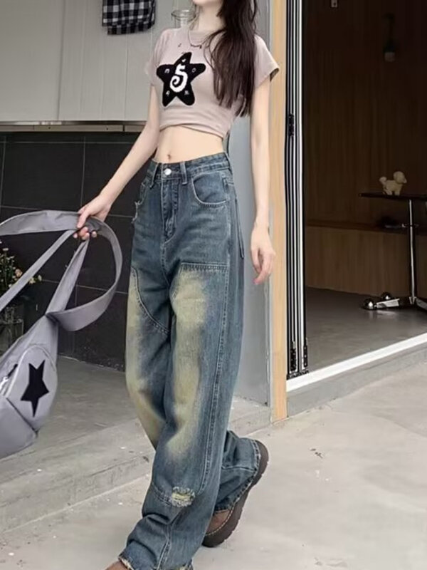 Женские джинсы в винтажном американском стиле, универсальные шикарные свободные джинсовые брюки с высокой талией, летняя популярная уличная одежда для колледжа, Новинка