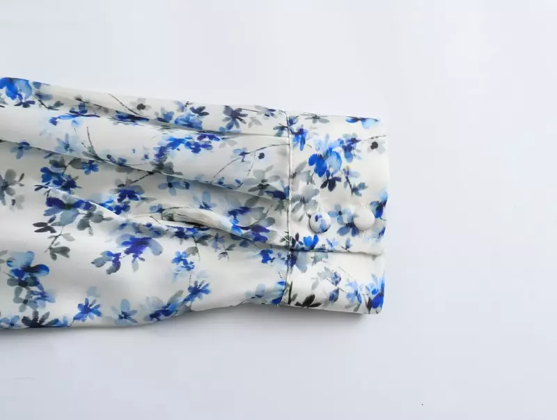 Kobiety nowy modne kwiatowe nadruk dekoracja przycięte smukłe satynowe bluzki Vintage długie guzik na rękawie-up koszule damskie eleganckie koszule