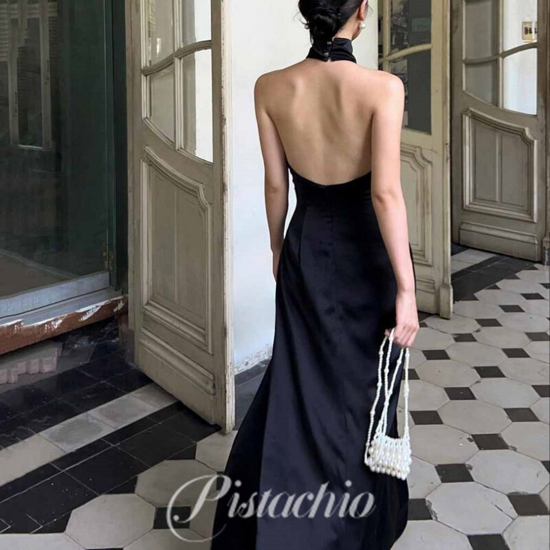 Sexy Party Dress For Women Simple Halter Backless Evening Gowns A Line High Split Floor Length Prom Dresses فساتين سهرة