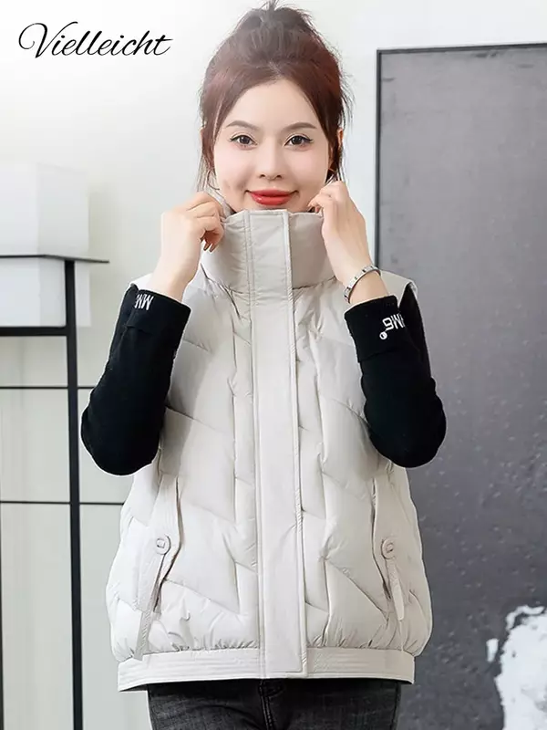 Vielleicht New Short Stand Collar Autumn Winter Casual Women's Puffer Vest Jacket Solid Zipper Cotton Padded Winter Waistcoat