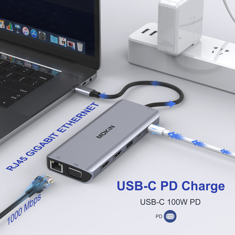 MOKiN Estação de ancoragem USB-C Hub para MacBook Air/Pro, iPad M1/M2, Laptop Thunderbolt - Recursos HDMI 4K, DP, 100W PD, SD/TF, RJ45