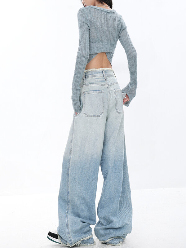 Celana panjang jins wanita, celana panjang lurus kasual gaya jalanan Jeans tipis musim panas biru muda desain Chic