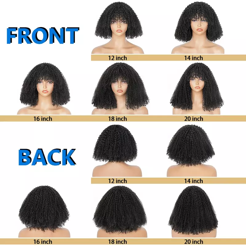 Bezklejowe peruki z grzywką Afro kręcone ludzkie włosy dla czarnych kobiet o 200% gęstości perwersyjne kręcone dziewicze włosy peruka z grzywką