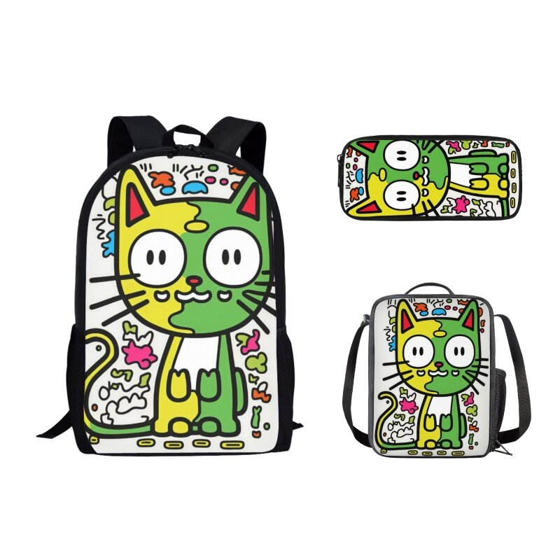 Tas sekolah motif kartun kucing, 3 buah tas ransel sekolah motif ilustrasi untuk remaja laki-laki dan perempuan, tas makan siang pelajar, ransel kasual