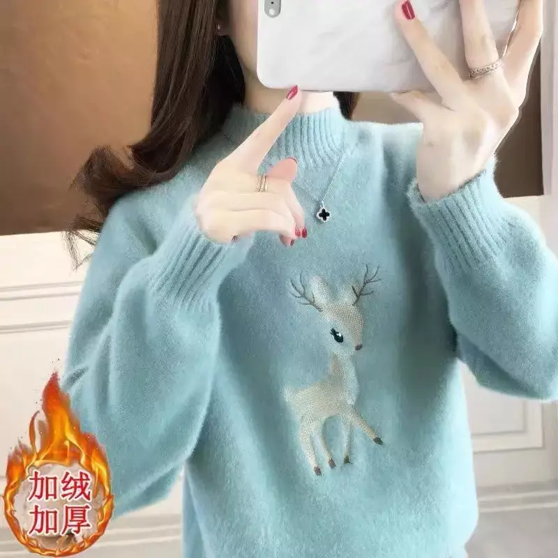 Fashion Autumn Winter Embroidered Deer Sweaters Women New Long Sleeve Classic Mock Neck Casual Comfortable Keep Warm Top 2023