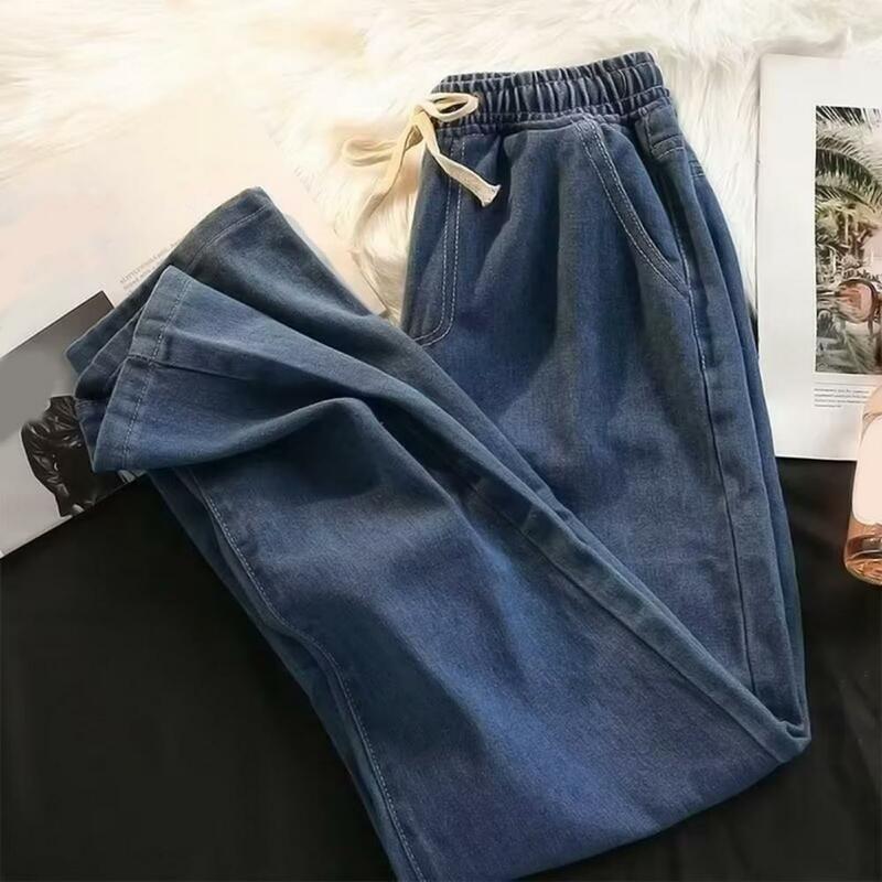 Drawstring Adjustable Jeans Wide Leg Denim Trousers For Men Elastic Waist Drawstring Jeans With Pockets Loose Fit For Everyday