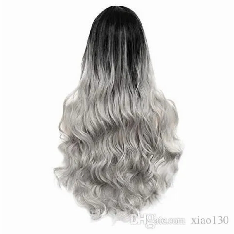 FESHFEN Ombre Long Natural Curly Wig Two Tones Fiber Synthetic Bla To Grey Wig
