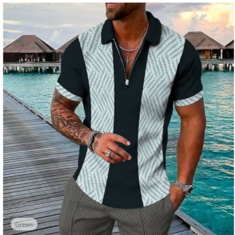 2023 الصيف الرجال بولو قميص بأكمام قصيرة التلبيب اللون مطابقة ثلاثية الأبعاد الطباعة الرقمية الرجال الغولف بولو قميص الأعمال الرجال عادية