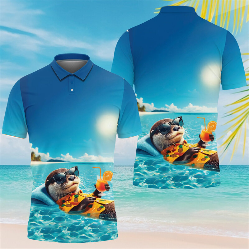Kaus Polo motif 3D Otter lucu untuk pria pakaian mode Harajuku kaus POLO hewan lengan pendek Hawai atasan Kawaii Y2k anak laki-laki