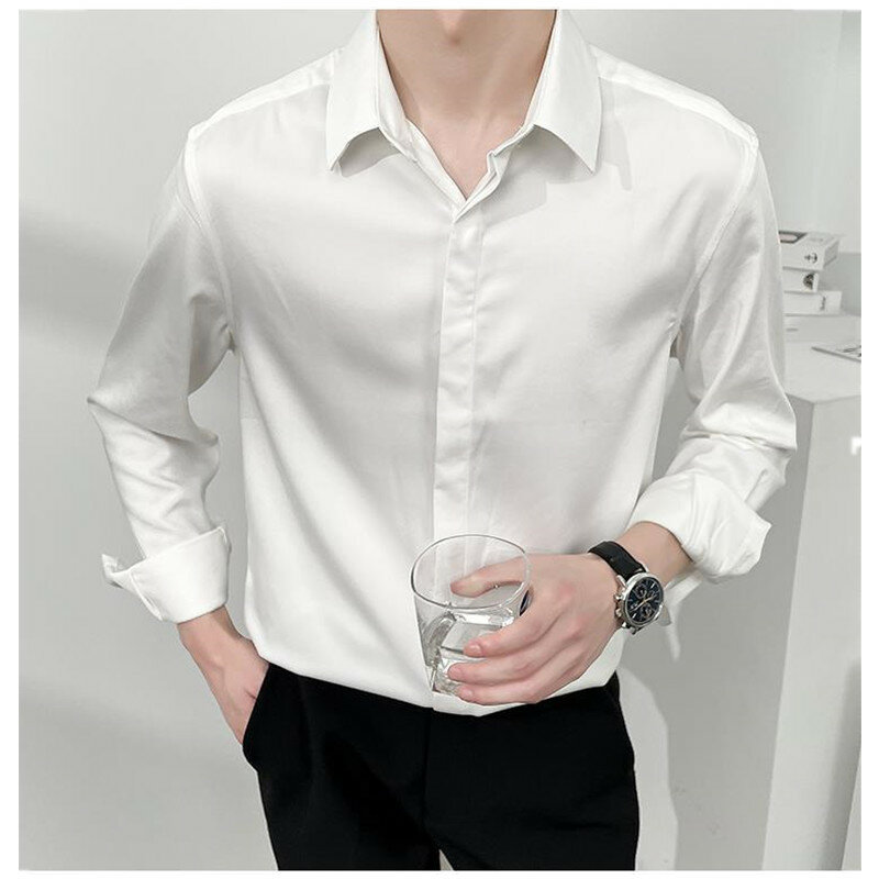 Camisa de manga comprida estilo coreano masculina, sólida, solta, de botão duplo, com tops de homens bonito, tendência, B0010