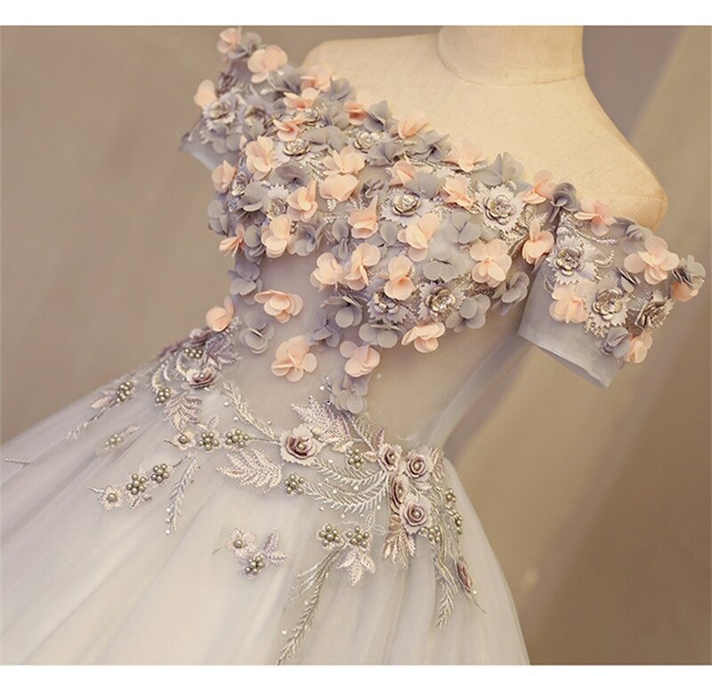 Off Shoulder Ball Gown Prom Dress 3D Flower Appliqued Beads Tulle Pageant Evening Dress Short Sleeve Homecoming Robe De Mariée