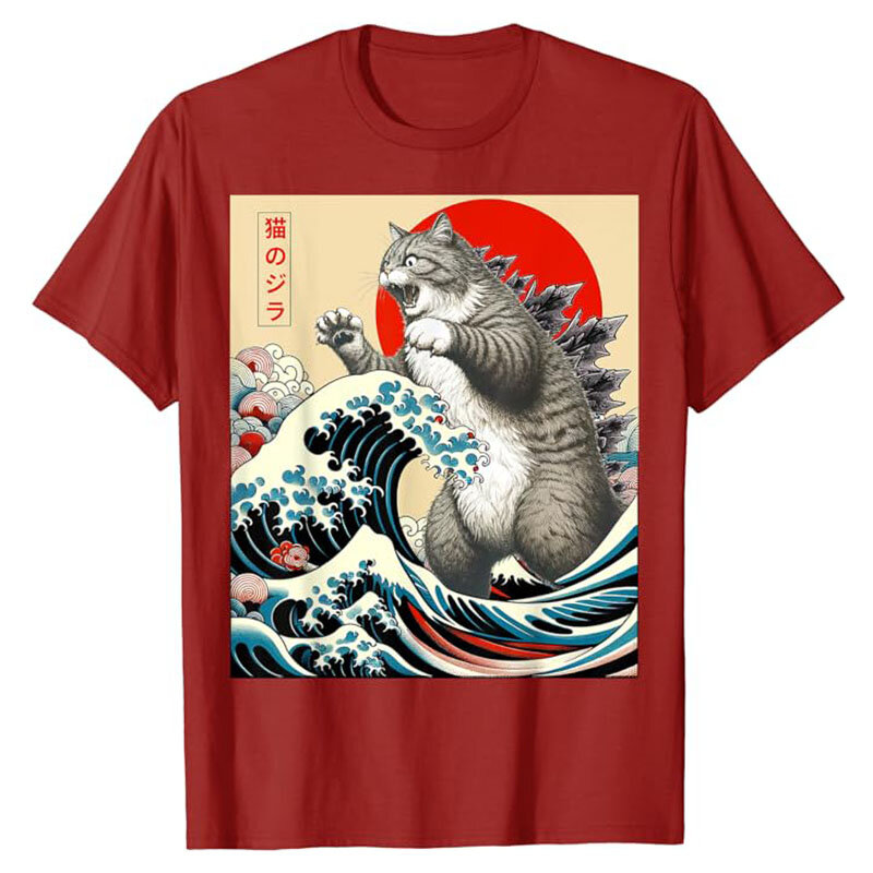 Catzilla Japanese Art Funny Gifts for Men Women Kid T-Shirt Humorous Kitty Graphic Outfits Cute Kitten Lover Saying Tee