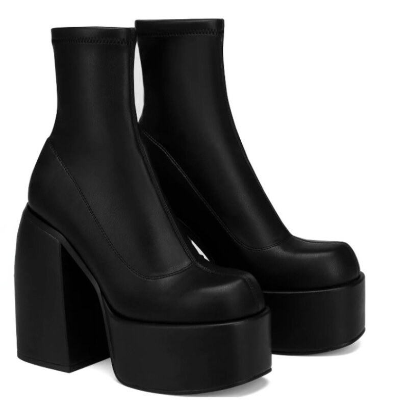 Botas modernas de plataforma para mujer, zapatos de cuero con punta redonda y tacón grueso, con cremallera, de diseñador, informales, a la moda