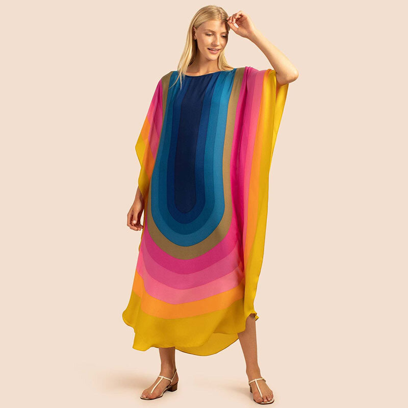 Arco-íris listrado longo kaftan bikini cover-ups solto verão vestido de praia das mulheres chiffon beach wear robe de plage