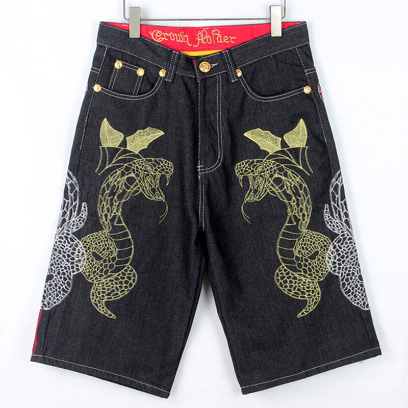 Men's Trendy Embroidered Skateboard Pants Oversized Loose Casual Denim Shorts Design Animal Pattern Hip Hop Straight Leg Pants