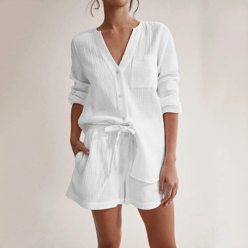 Two Piece Set 2024 Women Solid Shorts Set Long Sleeve V-Neck Button-up Shirt+Wide Leg Drawstring Shorts Casual Home Sets