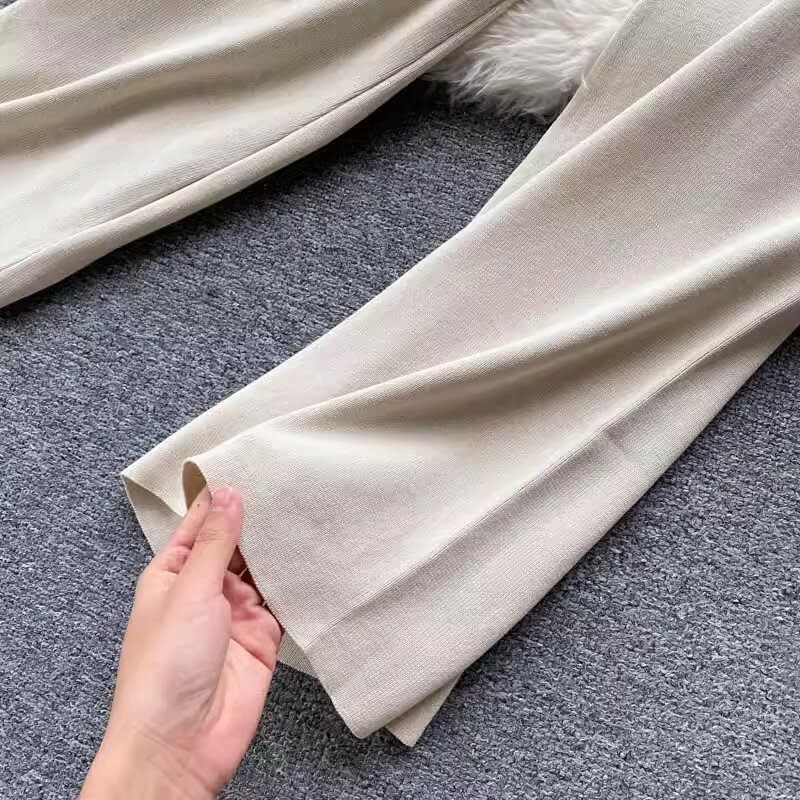 Koreanische Mode lässig gestrickt zweiteilig Set Frauen Langarm O-Ausschnitt einreihig Top weiße Hose setzt Hosen Home Anzüge
