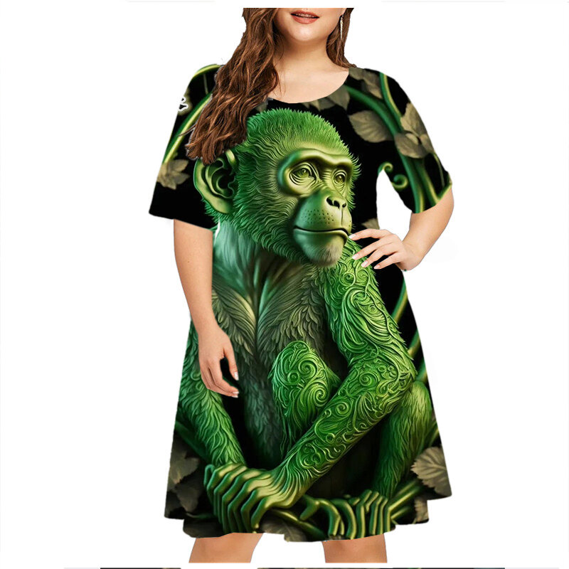 2023 fiori di piante foglia verde divertente vestito da scimmia donna Plus Size abiti estivi Casual manica corta o-collo stampa 3D abito allentato