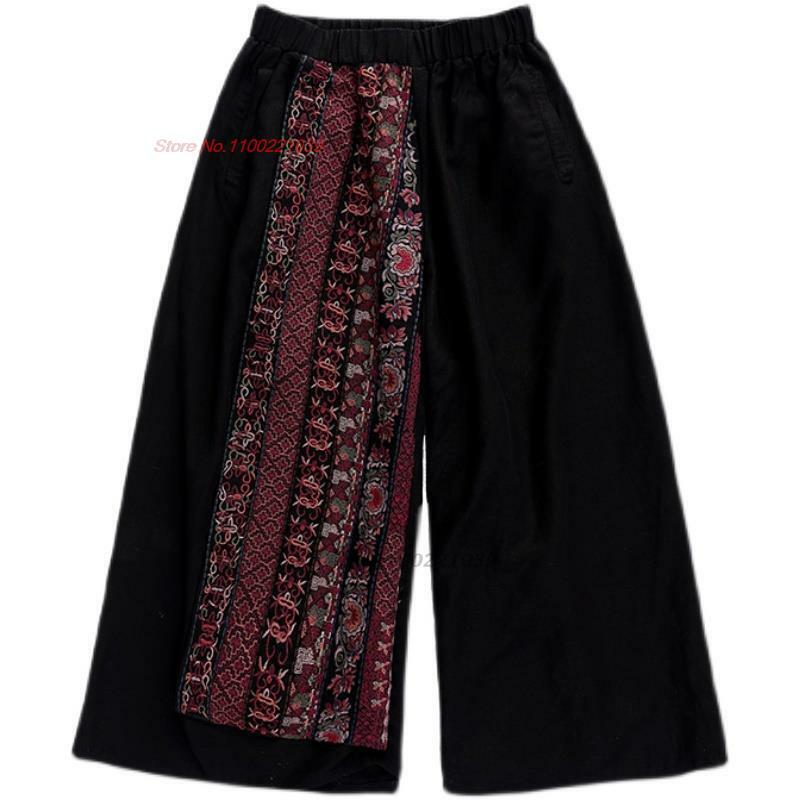 Pantalones vintage chinos tradicionales, pantalones étnicos con bordado de flores, pantalones sueltos de lino y algodón nacional con cintura elástica, 2024