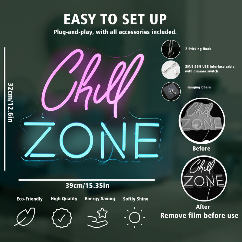 Chill Zone Neon Signs Led Lights For Wall Decor USB Powered Room Decoration Bedroom Game Room Bar Light Up Sign Logo Art Lamp