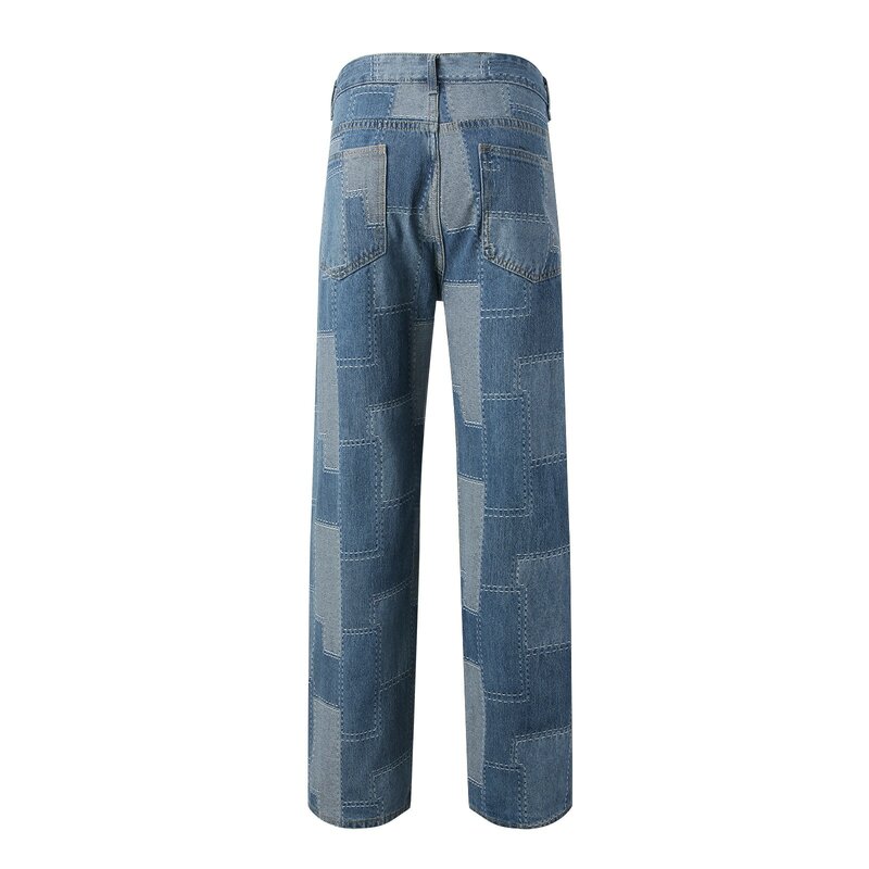 Jean baggy bleu clair profond pour hommes, pantalon en denim droit, streetwear, couture de documents, Hip Hop, patch, fjmn