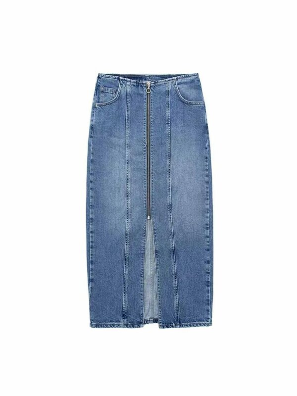 Women summer New Chic Fashion Zipper decoration Slim Denim Midi Skirt Vintage High Waist Side Pockets Female Skirts Mujer