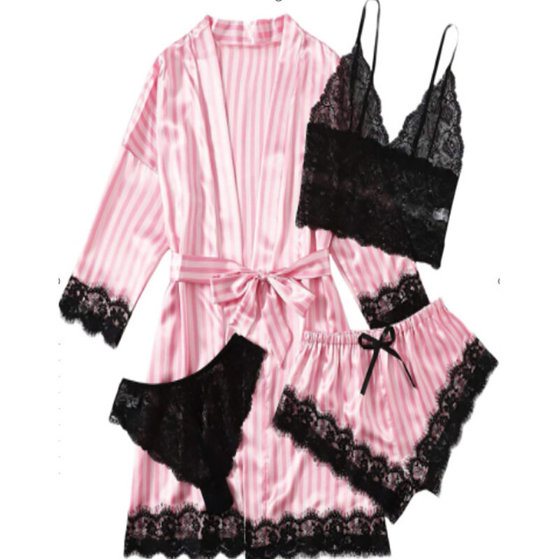 Conjunto de pijama de satén de seda para mujer, lencería de 4 piezas, ropa de dormir de encaje con bata, camisón largo y Sexy con cuello en V