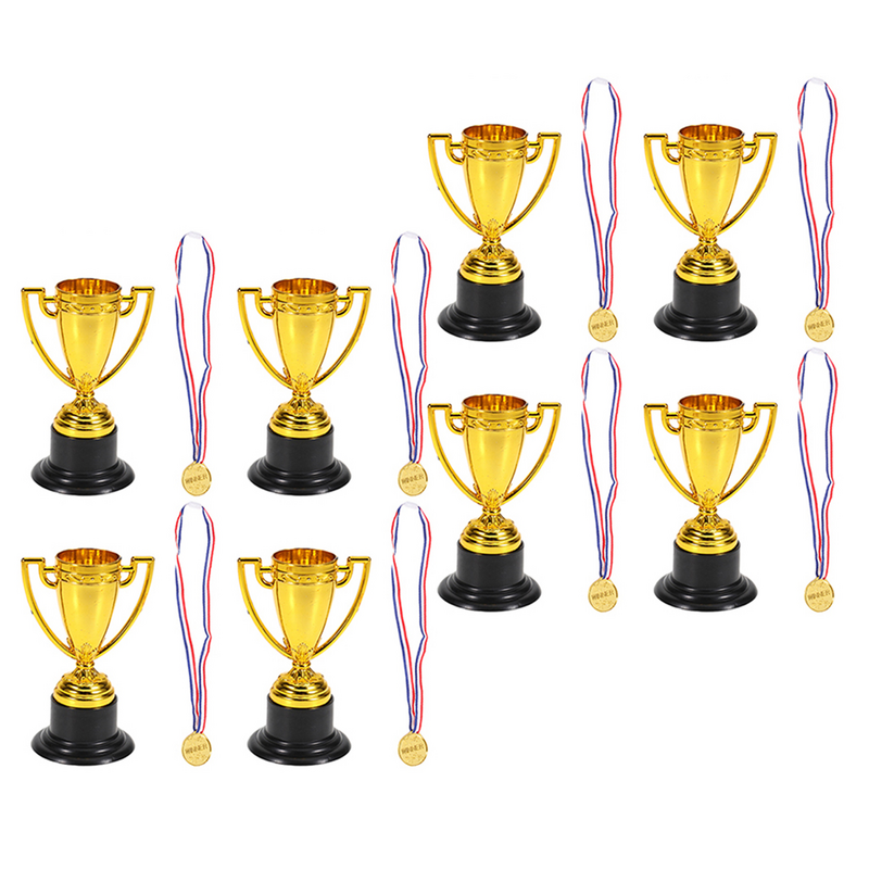 16Pcs Mini Plastic Reward Prizes Kids Small Medals Kids Gift Awards Trophy Golden (8xTrophies + 8xMedals)