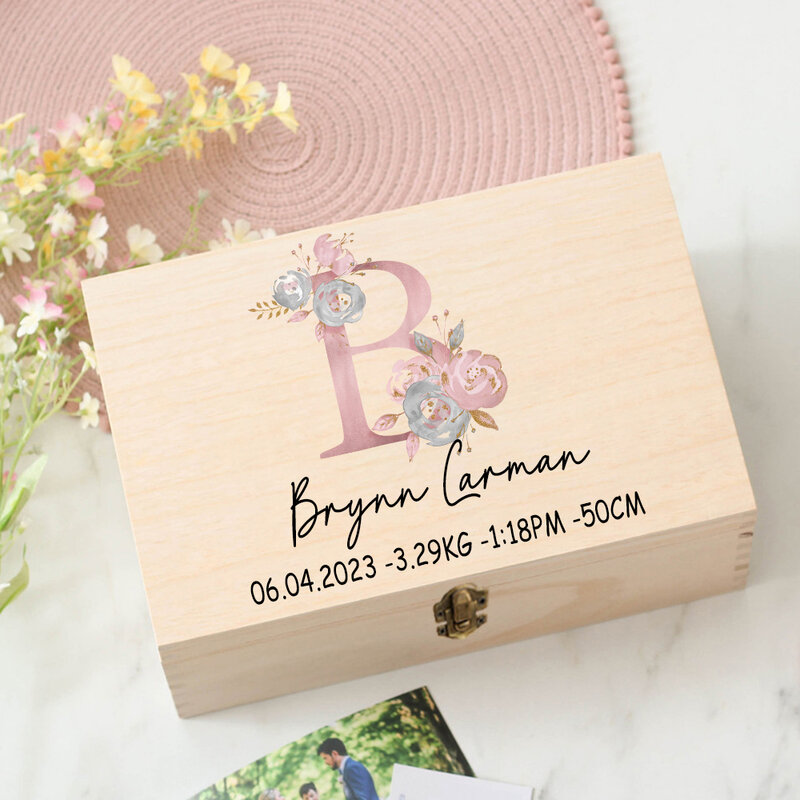 Boîte de mémoire personnalisée Keepplex pour bébé, boîte en bois imprimée de fleurs et de lettres, cadeau de naissance pour nouveau-né, boîte de statistiques de naissance
