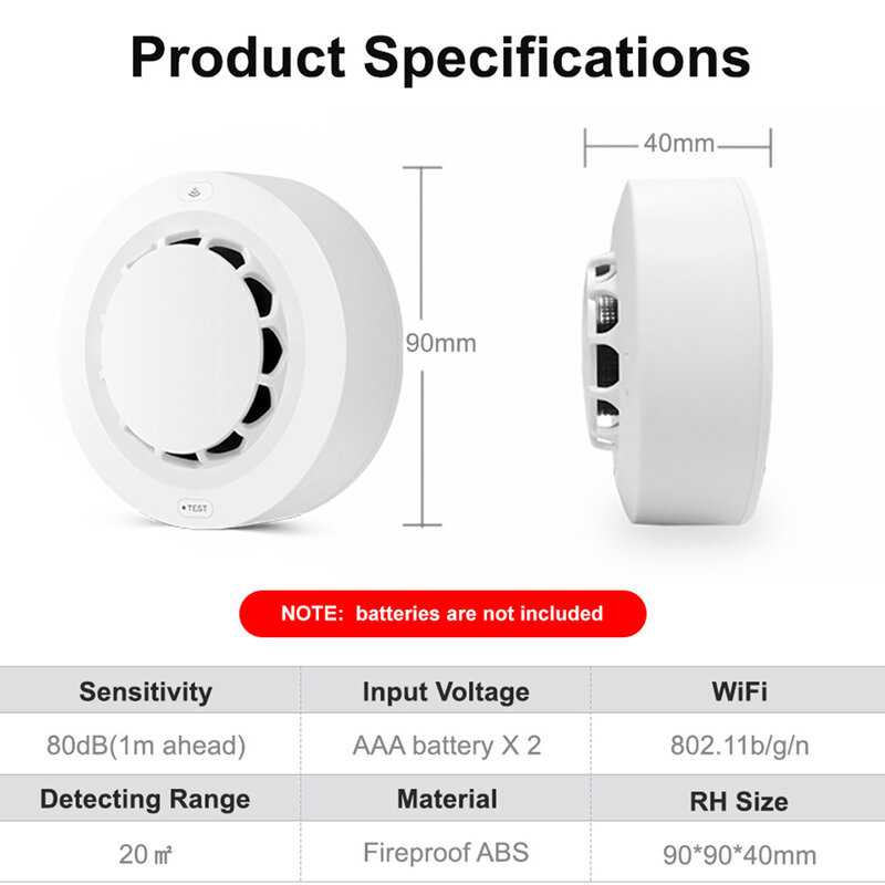 Rilevatore di fumo WiFi allarme Tuya protezione antincendio intelligente sensore di allarme fumo 90dB sistema di sicurezza domestica funziona con l'app Tuya Smart Life