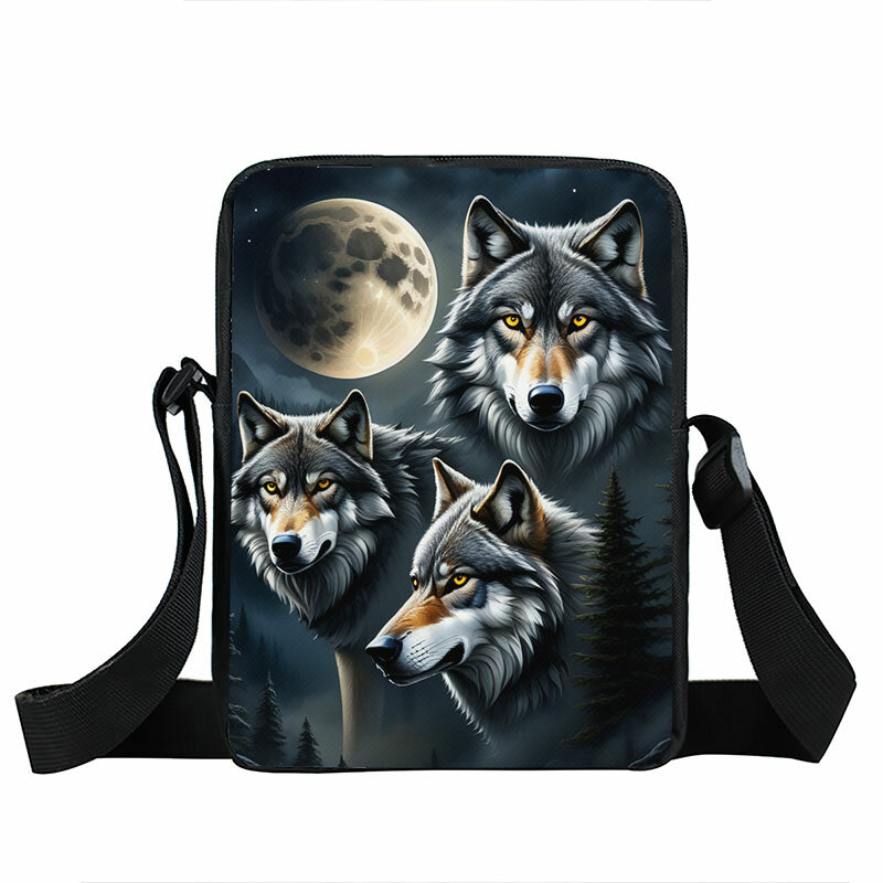 Tas selempang pola serigala melolong di bawah cahaya bulan wanita tas bahu siswa tas buku kunci tempat ponsel hadiah