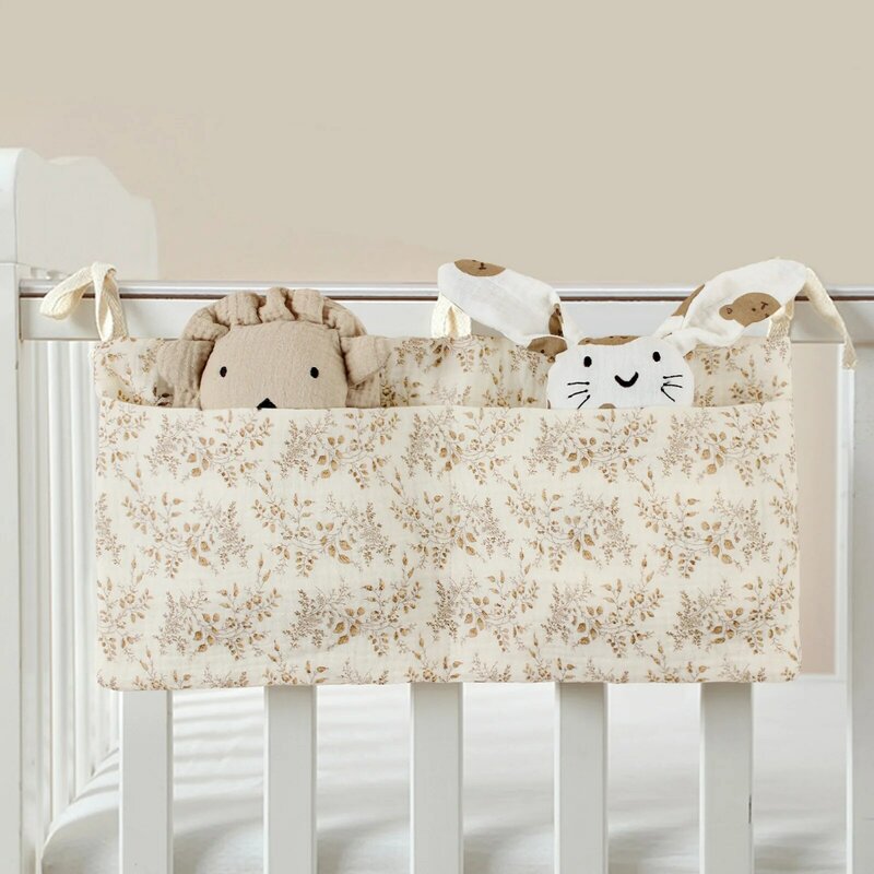 Baby Bed Storage Bag Double-pocket Bed Bedside Diaper Organizer Soft Cotton Cartoon Printed Newborn Crib Hanging Bag