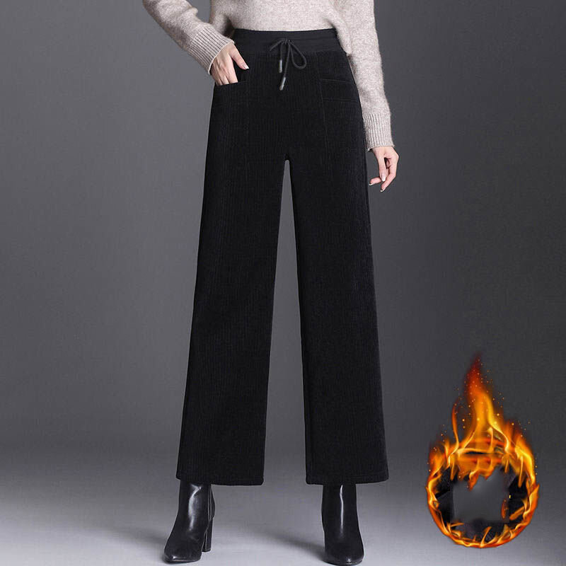 Fleece Lined Winter Wide Leg Pants Women Casual Lace Up High Waist Corduroy Baggy Trousers Oversized Straight Ankle-Length Pants