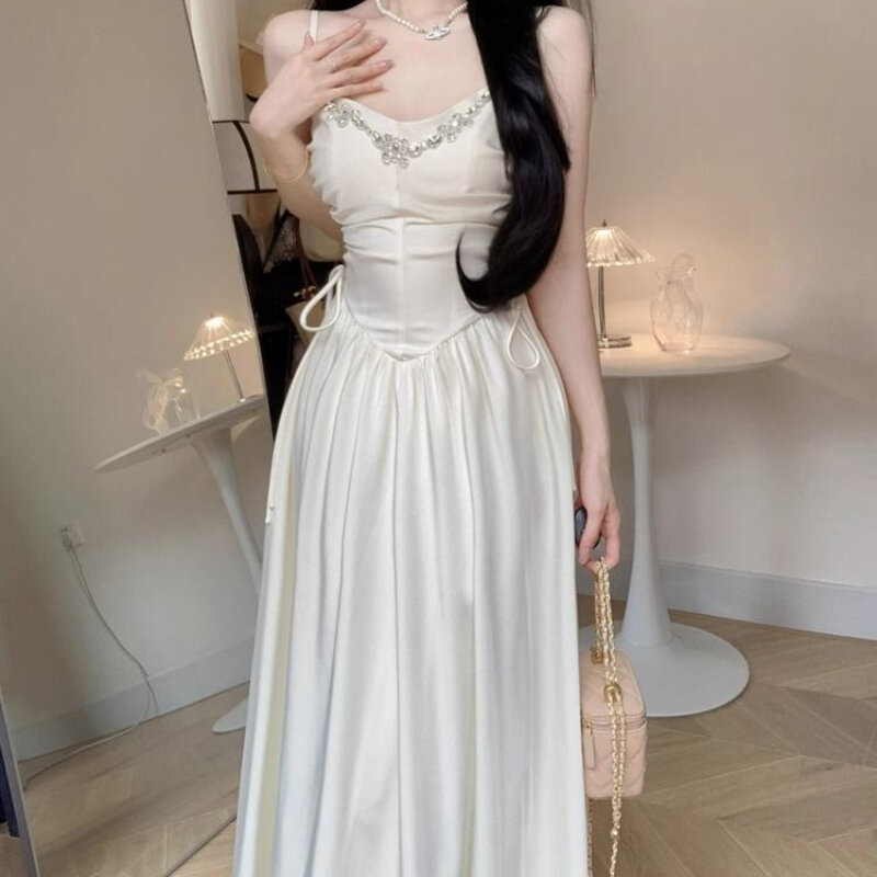 HOUZHOU elegancka suknie wieczorowe dla kobiet biała długa, bez rękawów sukienka bodystożka koreańska Midi Vintage urocza sukienka szyk