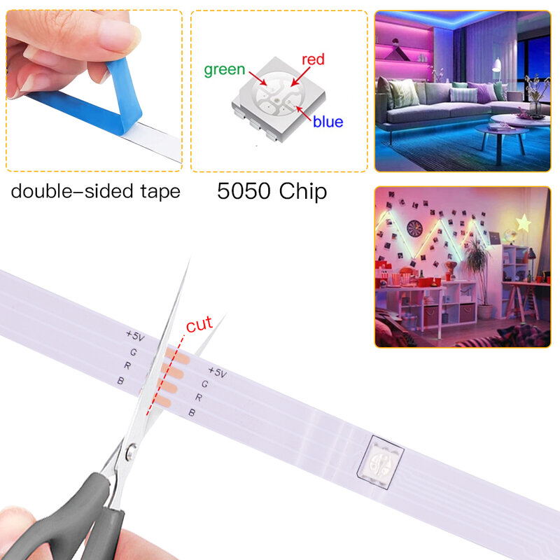 5V 5050 RGB LED Strip Light 5m 10m 15m Flexible Tape 0.5m 1m 2m Diode Lamp for Home Decoration Night Lighting TV Backlights