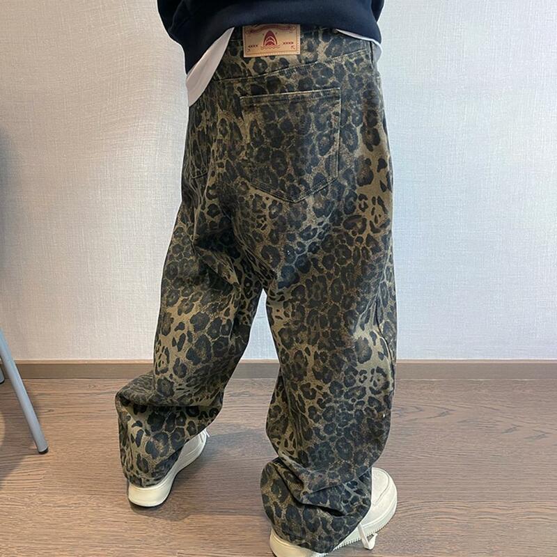 Pantaloni da uomo larghi con cavallo profondo Retro Hip Hop Leopard Prin tasche traspiranti pantaloni lunghi elasticizzati a vita media a tutta lunghezza