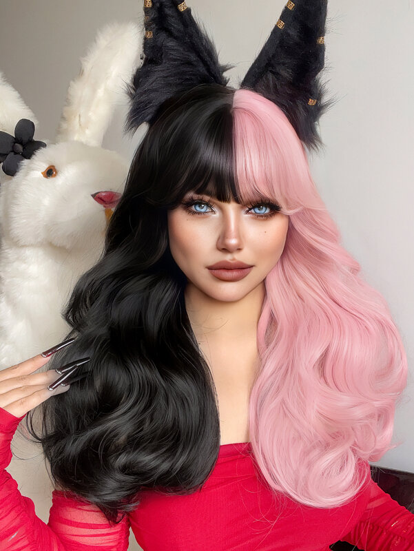 26Inch Black Pink Halfway Synthetic Wigs With Bang Long Natural Wavy Hair Wig For Women Daily Use Cosplay Party Heat Resistant