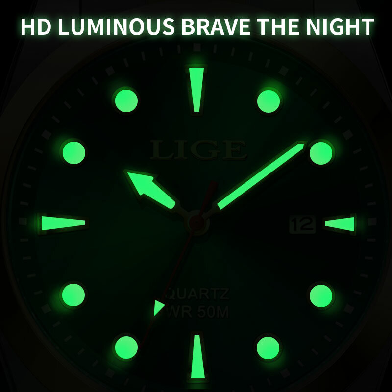 LIGE-Relógio Quartzo Impermeável de Luxo Masculino, Ultra Fino, Data, Relógio, Pulseira de Aço, Casual, 5ATM, Top Brand