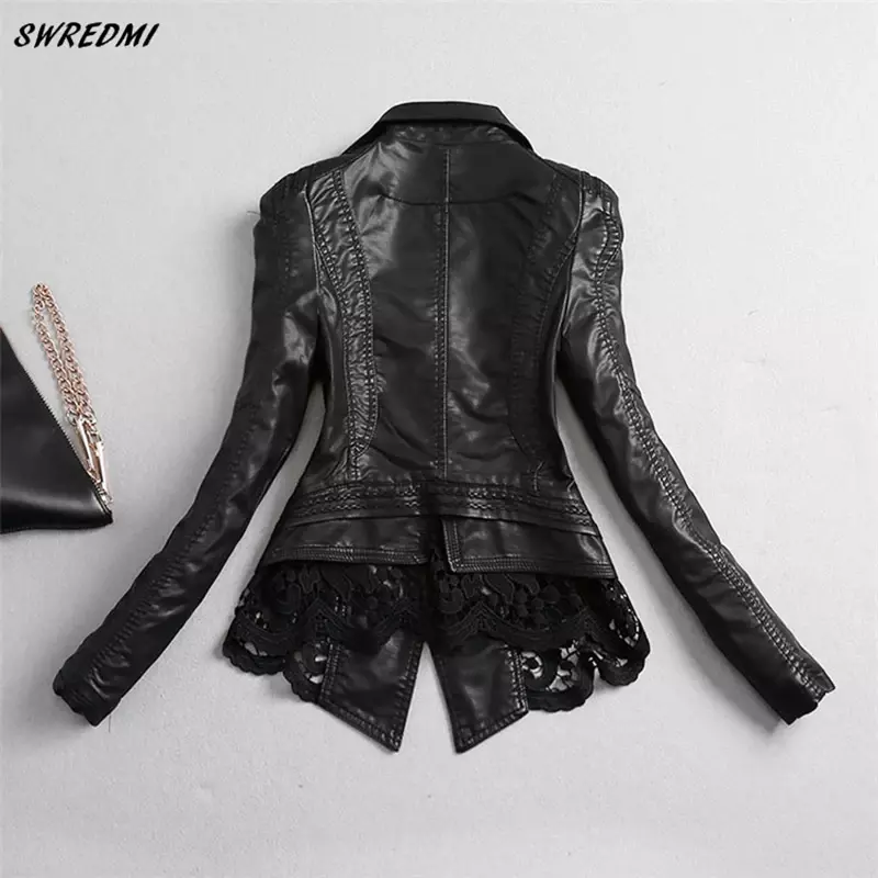 SWREDMI Women's Leather Jacket 2024 New Slim Fashion Lace Stitching Leather Clothing Female S-4XL Leather Coat Black Tops